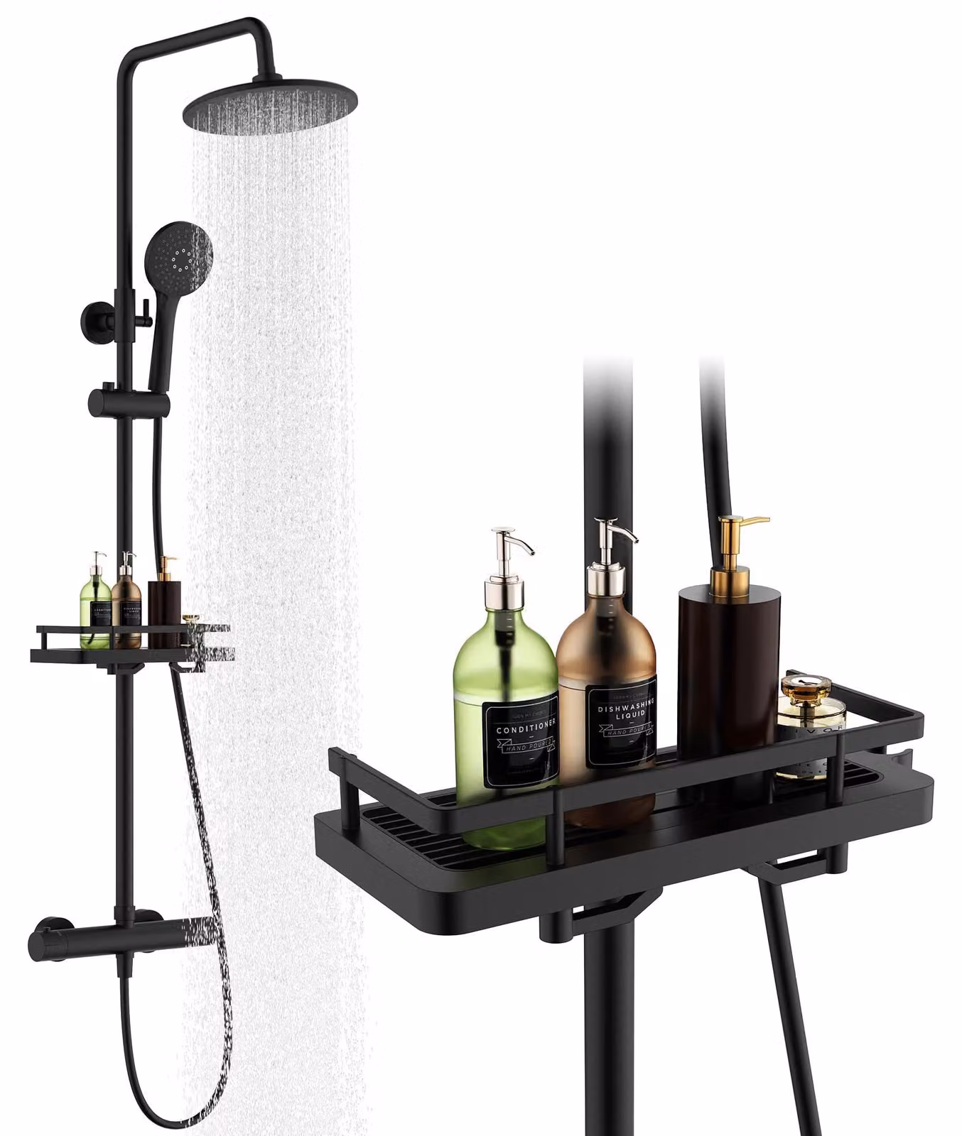 Sistema doccia con termostato, doccia a pioggia, soffione manuale, 3 tipi di getto, colore nero