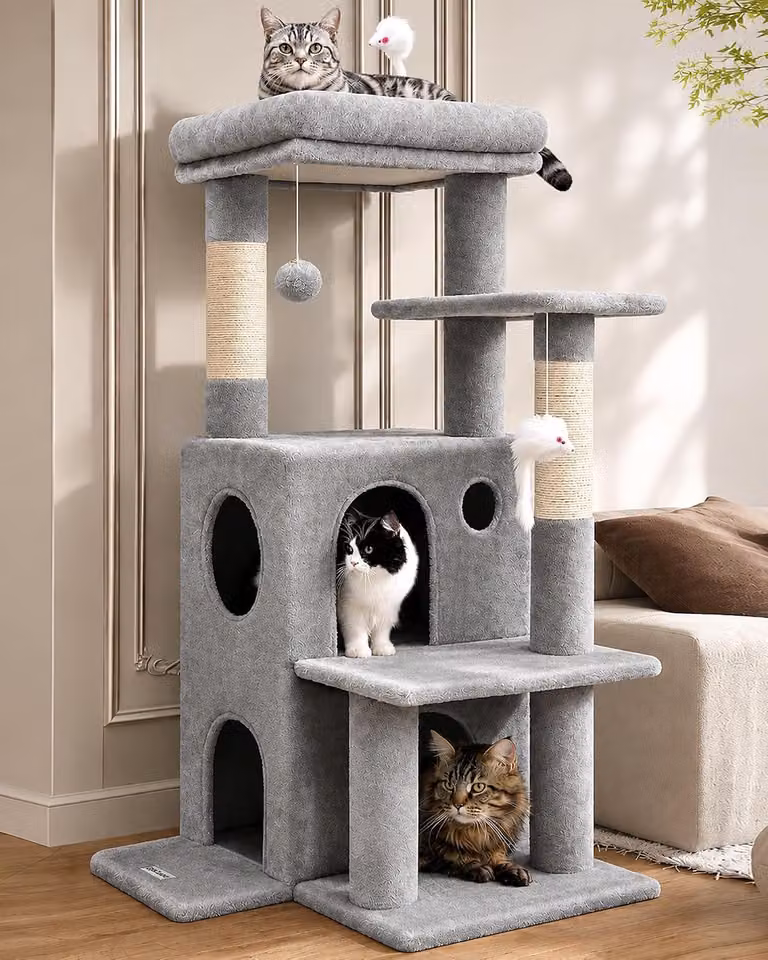 Albero per gatti con 2 grandi rifugi, tiragraffi, altezza 50 pollici, giochi inclusi, adatto a gatti di tutte le dimensioni