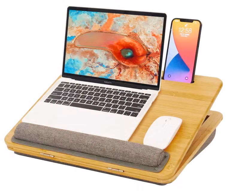 Tavolino regolabile in bambù per laptop con cuscino - 5 angoli di inclinazione, design ergonomico, ideale per l'uso a letto