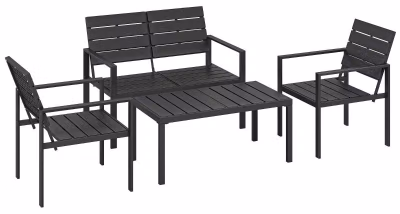 Set da giardino Moonbite, composto da 4 pezzi, per 4 persone: una panca a due posti, 2 poltrone e un tavolino da caffè di 95 x 50 cm. Realizzato con listelli in HDPE dall'aspetto del legno, struttura in metallo, colore nero