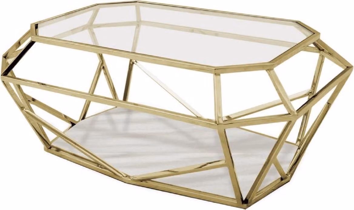 Tavolino Casa Padrino oro/bianco 100 x 70 x h. 41 cm - Tavolino da salotto moderno con piano in vetro e marmo - Mobili per il soggiorno