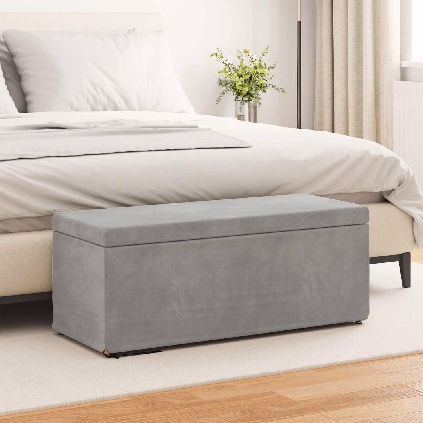 Pouf vidaXL in velluto grigio chiaro con struttura in legno L: 101 cm, P: 41 cm, H: 40 cm