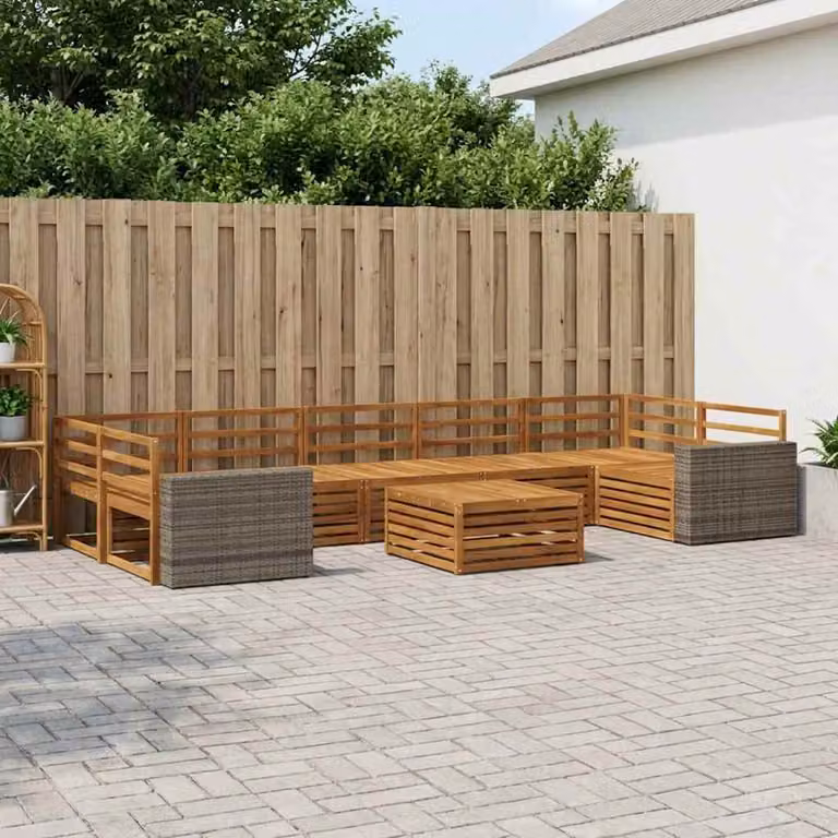 Set di divani da esterno vidaXL a forma di L composto da 8 pezzi in legno di acacia massello marrone con cuscini inclusi e tavolino da caffè