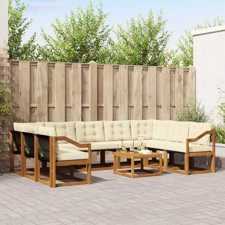 vidaXL Set di divani da esterno a forma di U in legno di acacia con tavolino da caffè e cuscini, Beige e Bianco