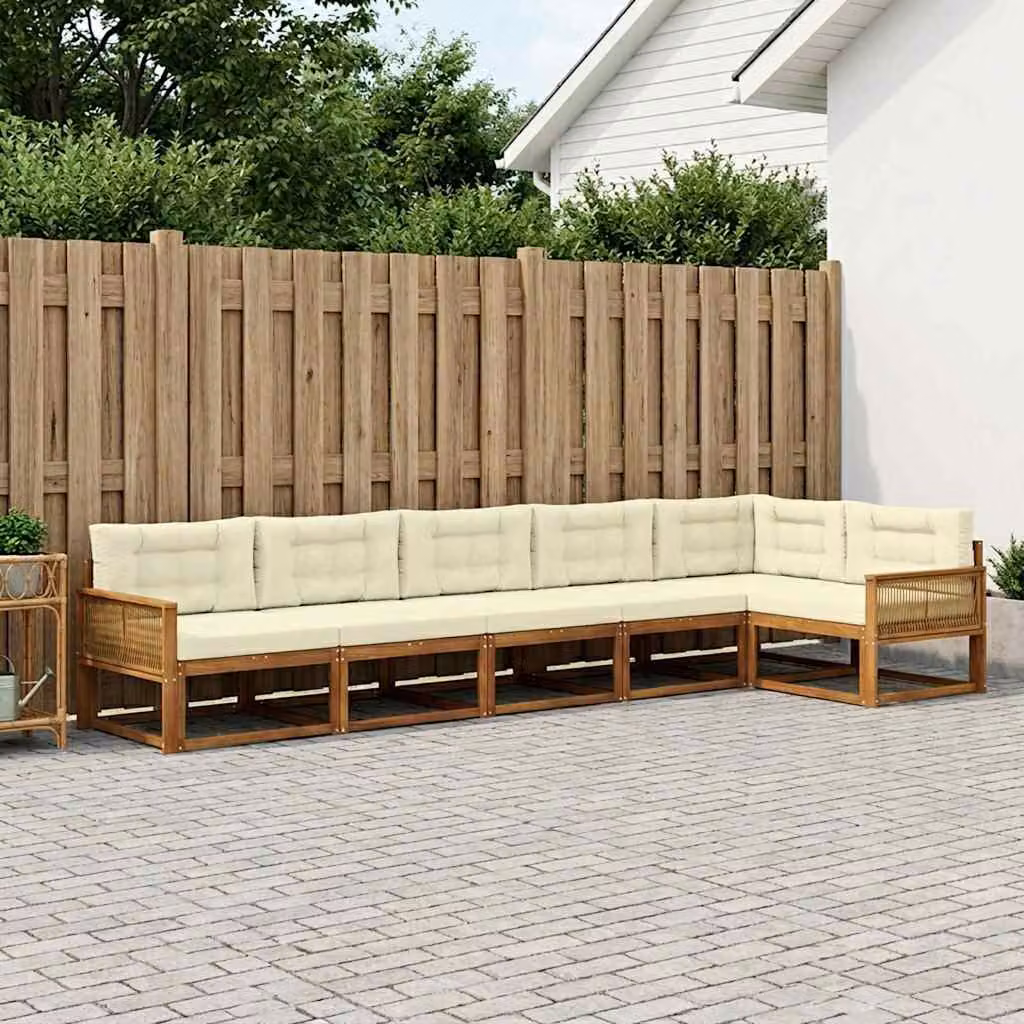 Set di divani da esterno vidaXL a forma di L composto da 6 pezzi in legno di acacia con cuscini, colori beige, bianco e marrone