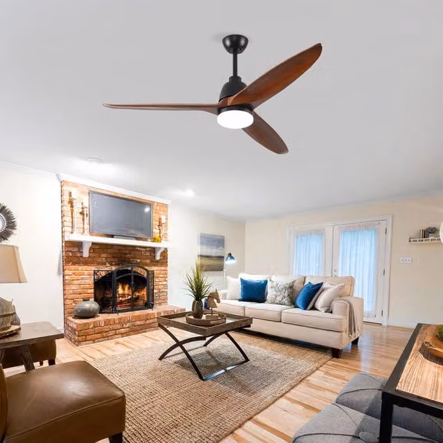 Ventilatore da soffitto Minimal nero e marrone con pale in legno massello, motore DC reversibile, luce dimmerabile a 3 toni, funzione memoria e telecomando, 132 cm