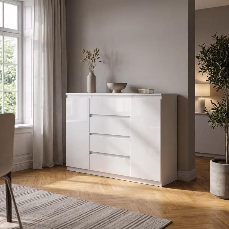 Comodà Masseno NUDO da 120 cm con 4 cassetti e 2 ante per soggiorno e camera da letto, stile moderno, 120x39x101,5 cm, bianco / bianco