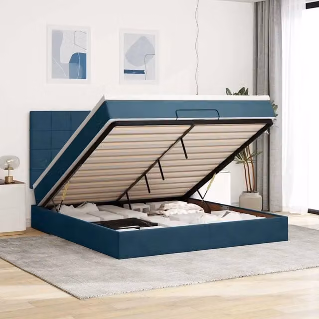 Letto con contenitore a sollevamento vidaXL in velluto blu e bianco L/P/H: 200 x 160 x 203 cm