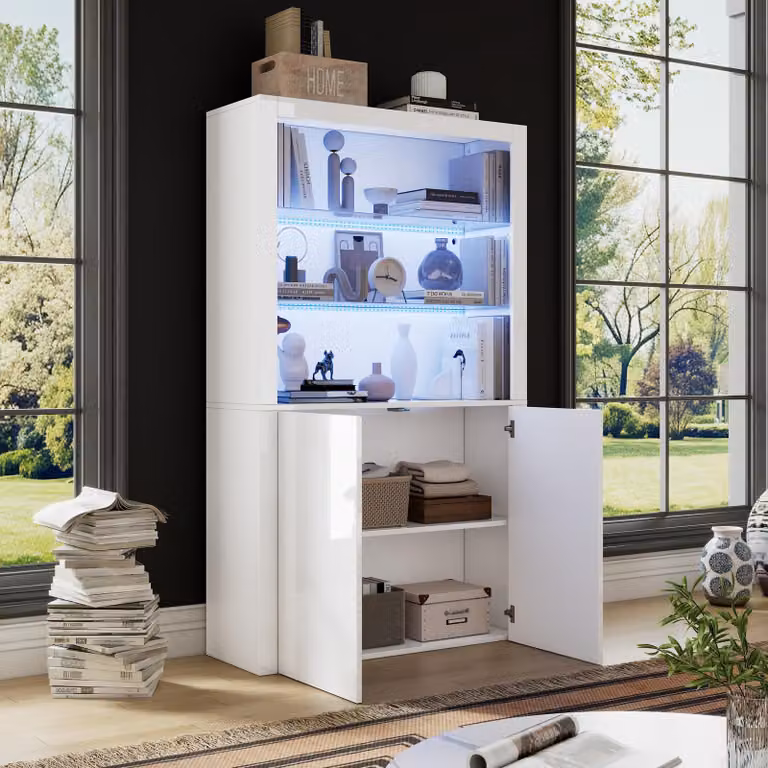 okwish Vetrina lucida Armadio da cucina con illuminazione a LED e portaoggetti, mobile verticale alto con vetro temperato, bianco