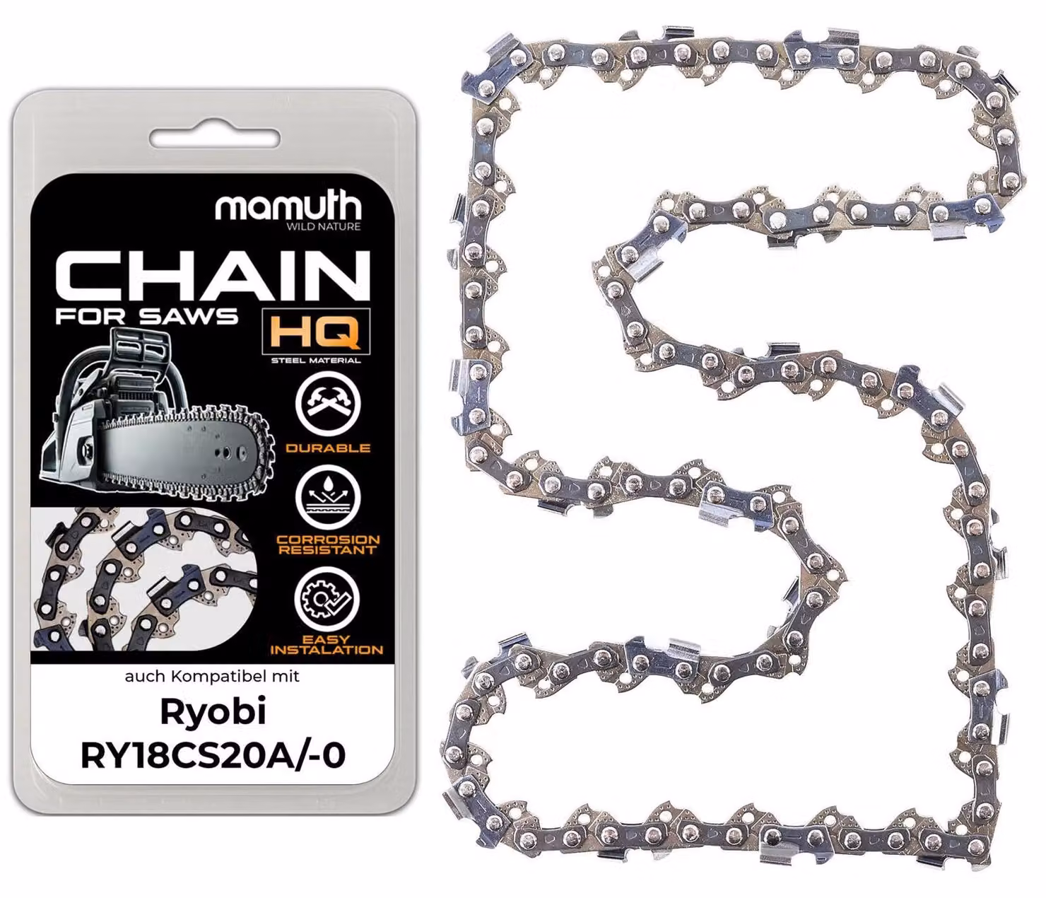 Catena per motosega, 20 cm, 1,1 mm, passo 3/8", 33TG, compatibile con Ryobi RY18CS20A, RY18CS20A-0