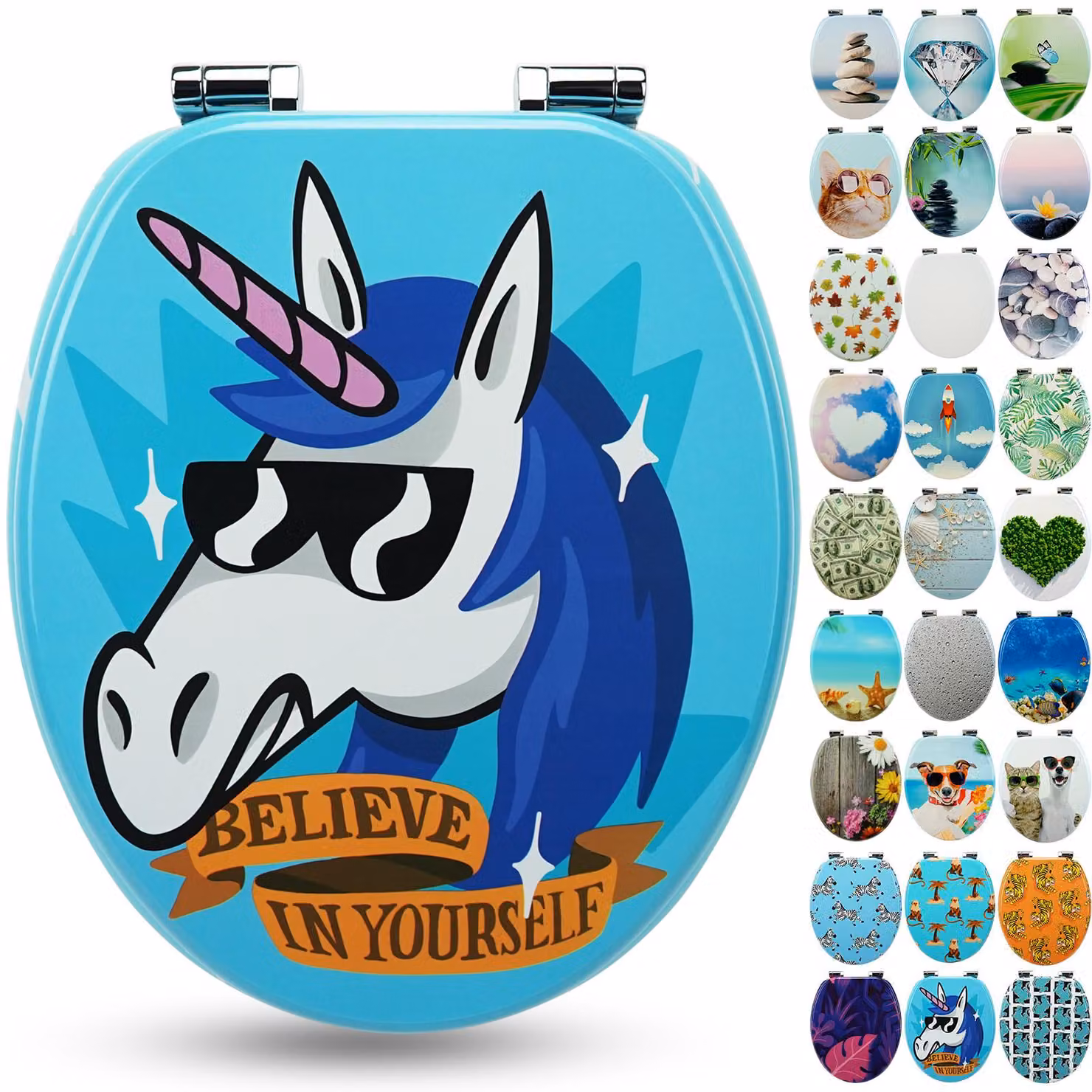 Sanfino® Sedile per WC "Funky Unicorn" di alta qualità, con sistema di chiusura rallentata, realizzato in legno, disponibile in molti motivi colorati, facile da installare