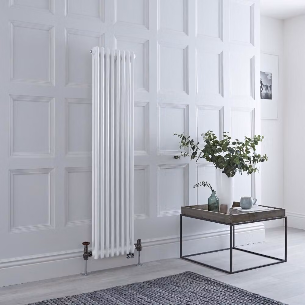 Radiatore Misto Verticale Bianco Doppio con Valvole in Ottone Anticato senza Termostato  - 1500mm x 380mm - Regent