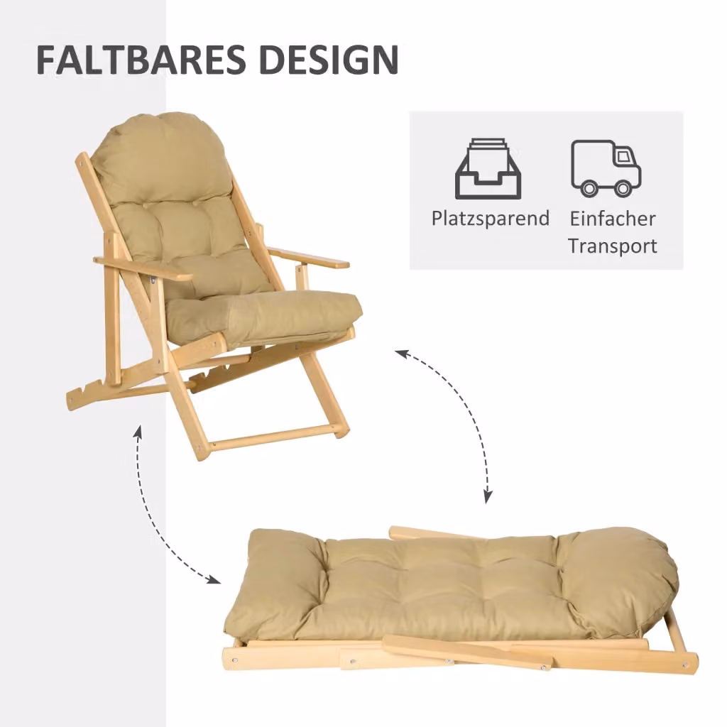 Poltrona relax pieghevole OKWISH in legno di faggio con schienale reclinabile e cuscino in schiuma, colore marrone e beige – 2