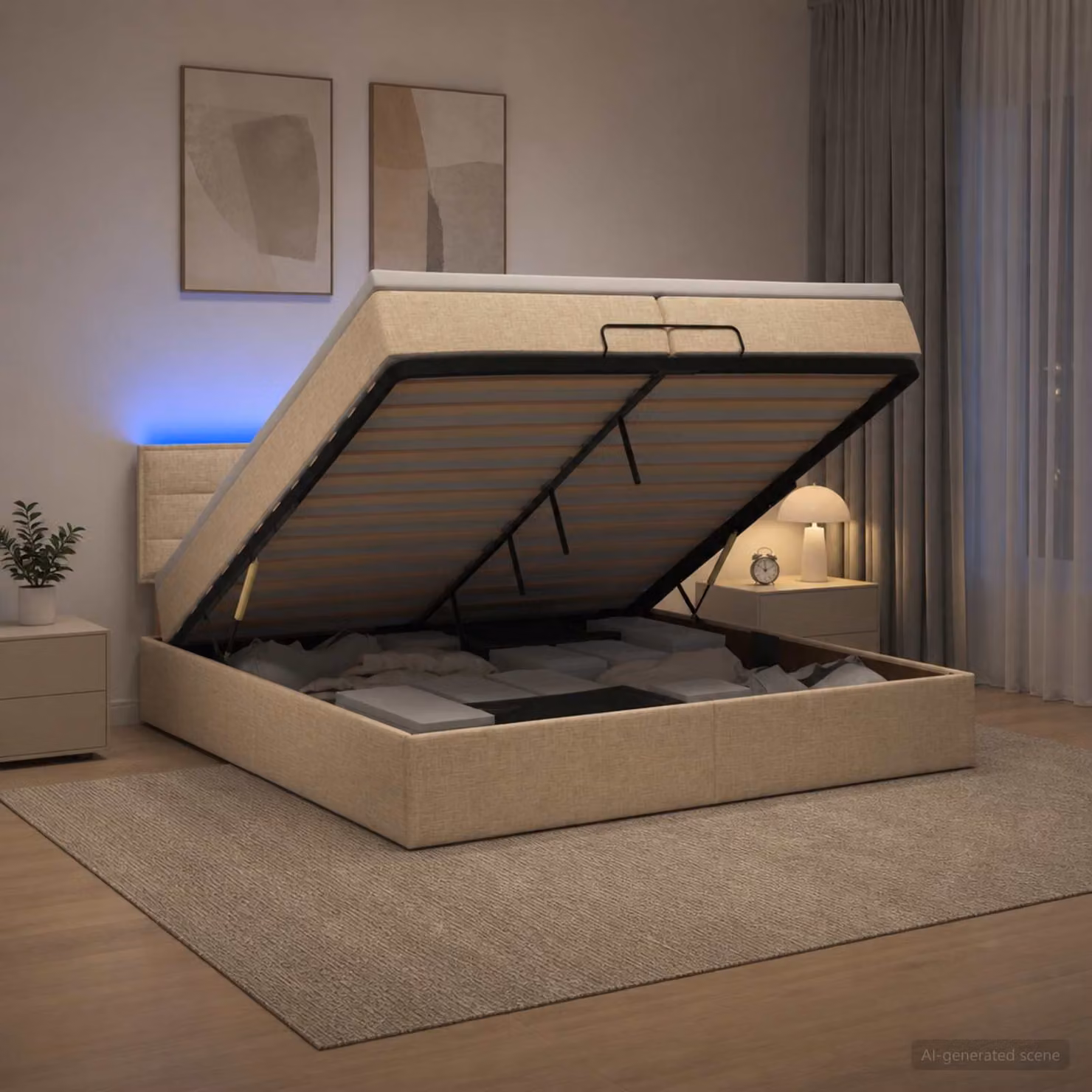 Letto Ottomano con Materasso e Illuminazione LED vidaXL, Colore Beige, L/P/H: 200 x 200 x 88 cm