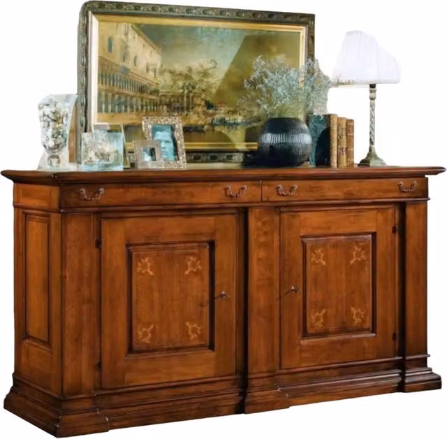 Credenza classica con 2 porte e intarsi floreali in legno di faggio color marrone Mobili 2G L: 215 cm, P: 55 cm, H: 115 cm