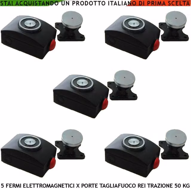 Set di 5 bloccaporta magnetici Securvera neri per porte tagliafuoco REI con forza di trazione 50 kg e alimentazione 22/28 VCC