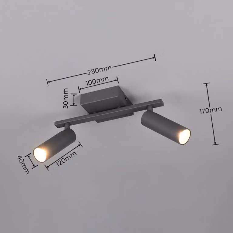 Trio Lighting Faretto da soffitto Dara, lunghezza 28 cm, antracite, metallo, a 2 luci. Dara, Nero, Soggiorno / Sala da pranzo, Metallo, Moderno, Downlight