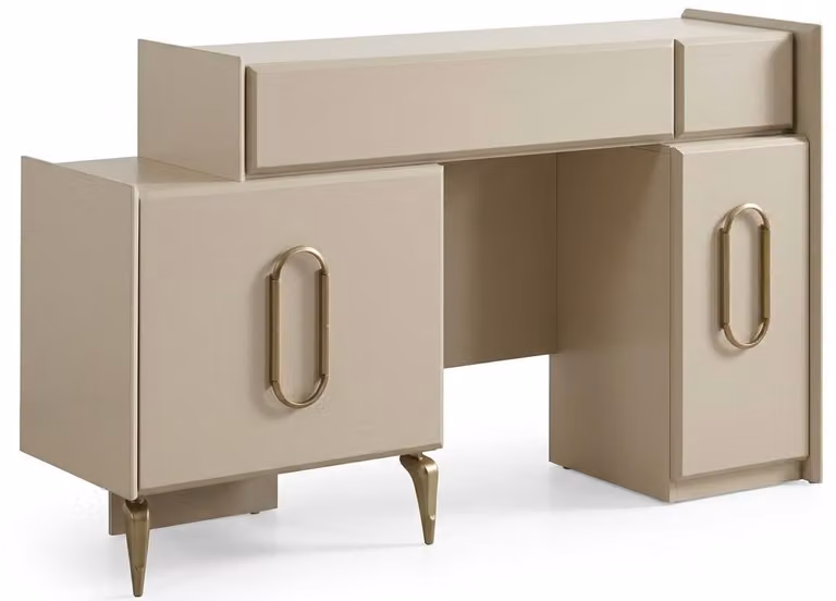 Comò da trucco elegante, bianco, oro, legno e metallo,