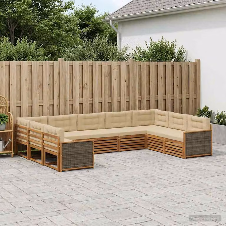 Set di divani da esterno vidaXL in legno di acacia con cuscini, composizione a L, colore beige e marrone