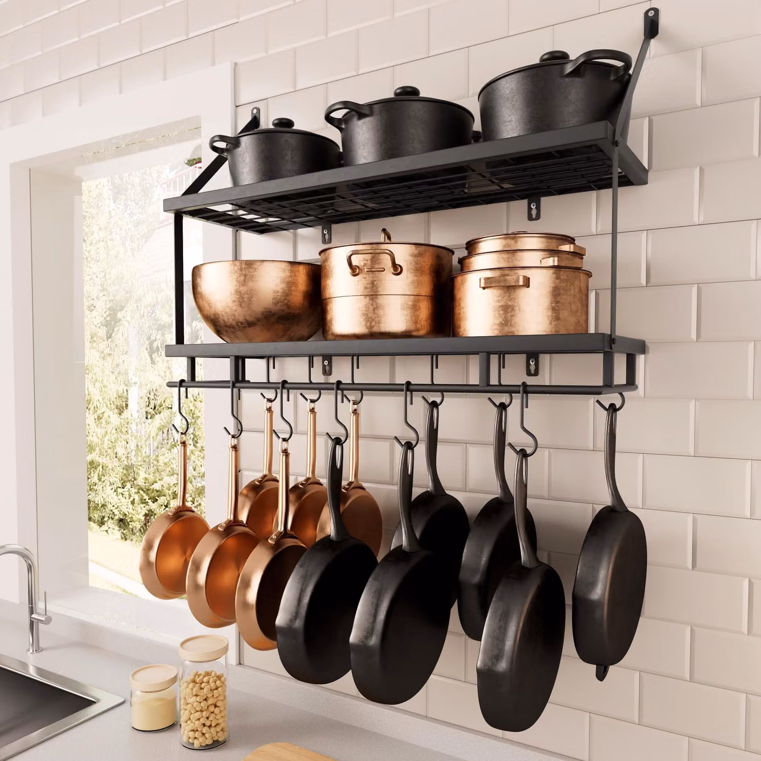 Scaffale da parete a 2 livelli per l'organizzazione della cucina, con 12 ganci, colore nero