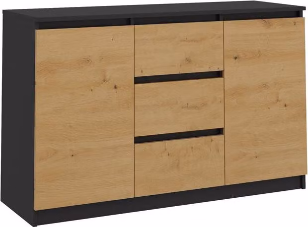 Comò moderno con 2 ante e 3 cassetti - Pratico contenitore | Antracite / Rovere artigianale | 120 cm
