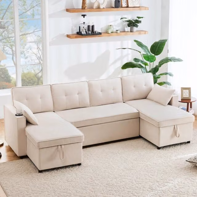 Divano letto angolare a U 270x130x86 cm con contenitori e portabicchieri; tessuto cotone e lino beige