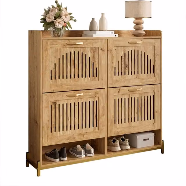 Scarpiera, mobile da ingresso, design a 4 ante, ante a doghe traforate, struttura in metallo, ripiano superiore, dimensioni compatte