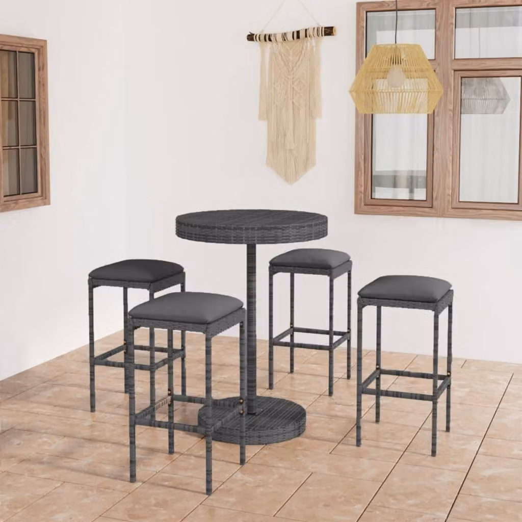 The Living Store Set bar da giardino 5 pezzi con cuscini in poly rattan grigio
