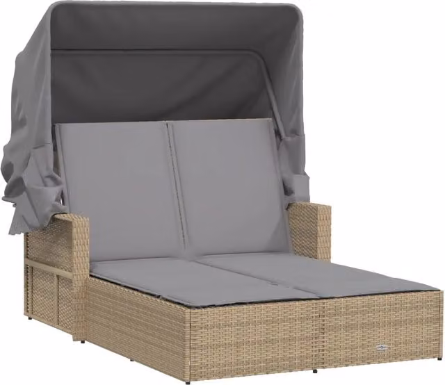 Sdraio da giardino | Lettino Doppio con Baldacchino e Cuscini Beige Misto Polyrattan