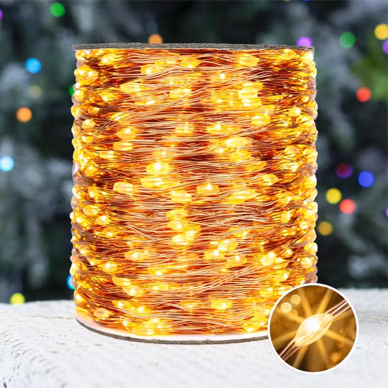 Catena luminosa a LED, 60 metri, 600 LED bianco caldo, filo di rame, grado di protezione IP44, con telecomando