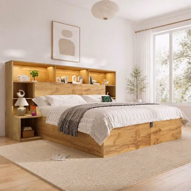 Letto matrimoniale Mivray con contenitore idraulico, comodini integrati, illuminazione LED e porte USB/USB-C, colore rovere, L/P: 180 x 200 cm