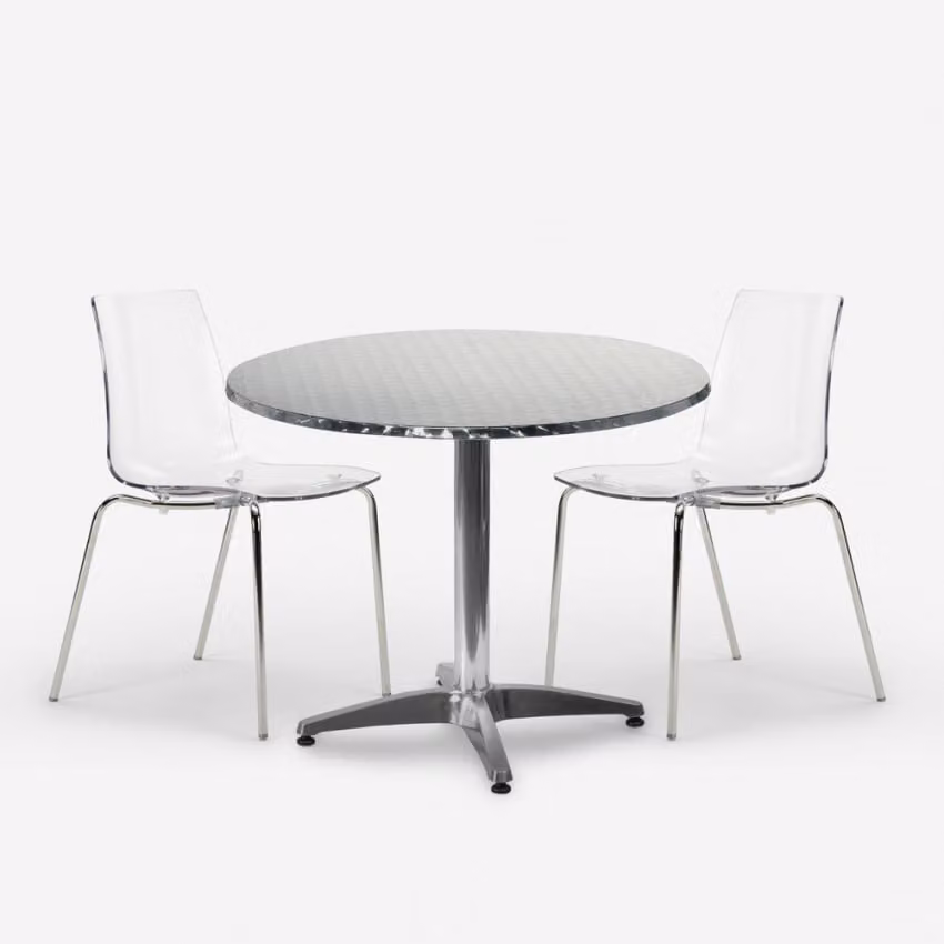 Set da giardino con 2 sedie moderne e tavolo rotondo da 70 cm in acciaio Remos - Trasparente