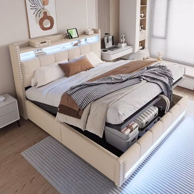 Letto matrimoniale - Xylo - 180x200 cm LED lino beige