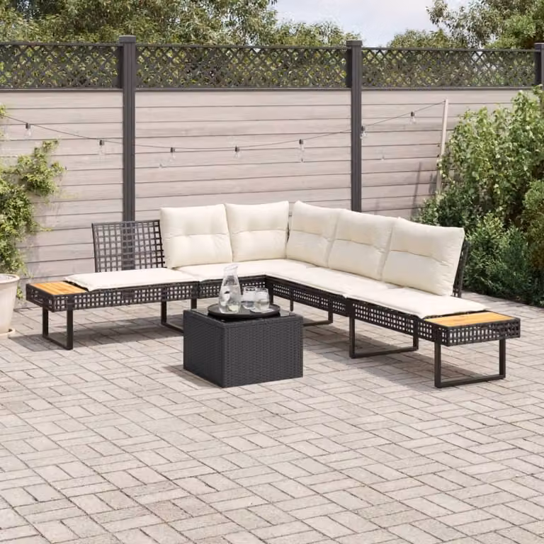 Set Divani da Giardino 2 pz con Cuscini Nero Polyrattan e Vetro