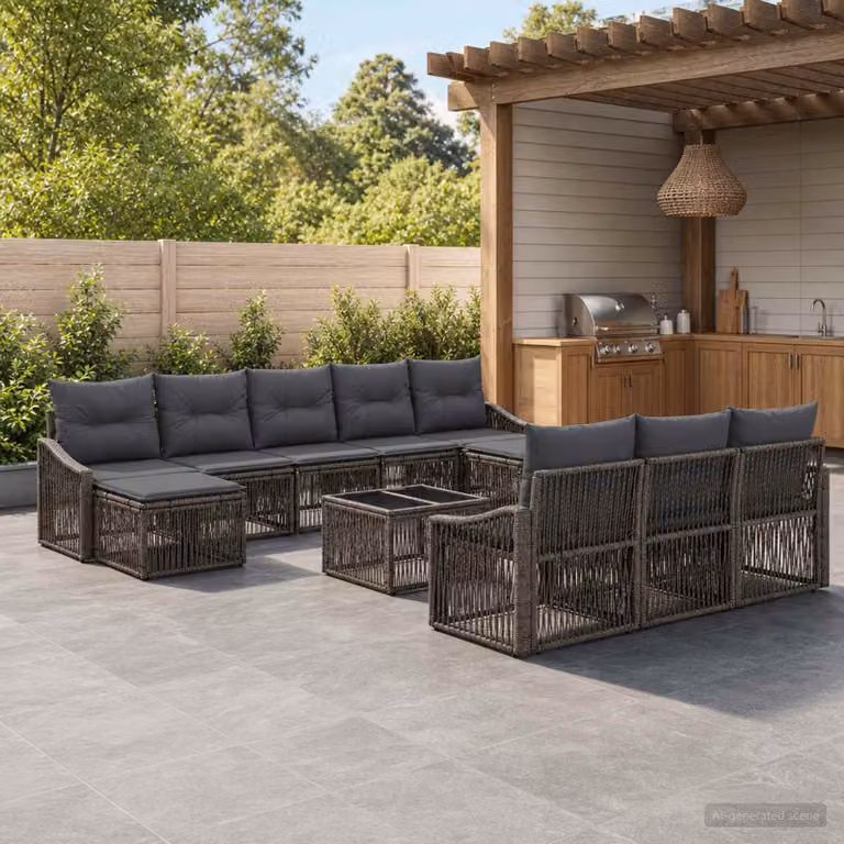 Set Divano da Giardino vidaXL 11 pz Grigio con Poltroncine, Tavolino e Cuscini in Polyrattan e Metallo