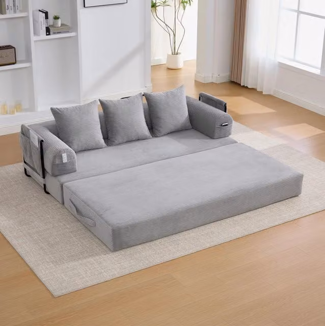 Divano modulare 200x94x67 cm con tasca laterale e 3 cuscini in velluto a coste grigio chiaro