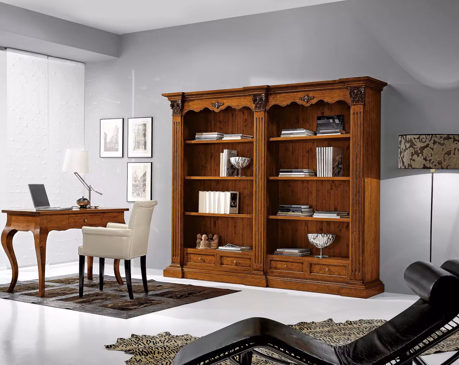 Libreria in legno di abete stile corinzio color noce Mobili 2G L: 254 cm, P: 49 cm, H: 211 cm – 2