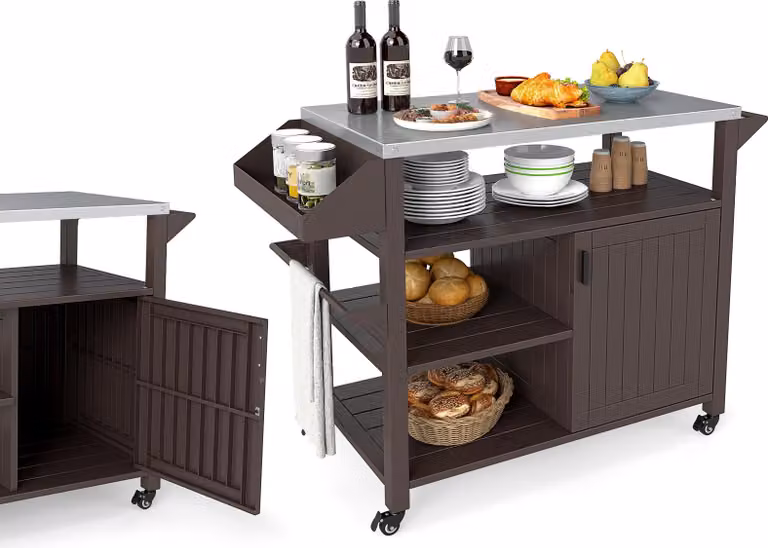 Carrello barbecue KOMFOTTEU a 3 ripiani, in metallo, ideale per barbecue, campeggio e feste, con piastra in acciaio inossidabile, ripiani, portaspezie e portasciugamani, marrone