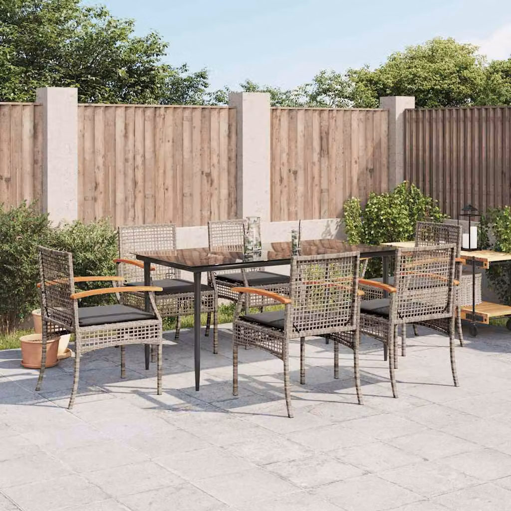 vidaXL Set da Pranzo da Giardino 7 pz in Polyrattan e Legno di Acacia con Piano in Vetro Grigio e Nero – 1