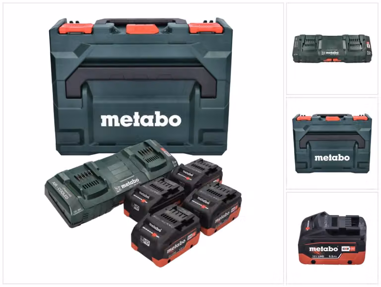 Kit base Metabo - 4x batterie LiHD 18 V 5,5 Ah Li-Ion CAS (685180000) + caricabatterie doppio ASC 145 DUO + metaBOX