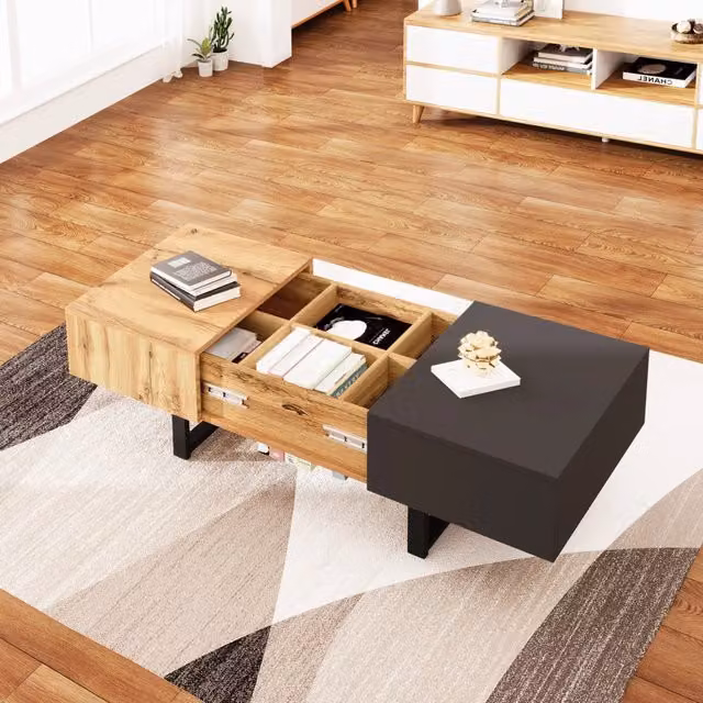 Tavolino da Salotto Rettangolare OKWISH in MDF Laminato Marrone con Meccanismo Lift e Vani Contenitore, L 100 x P 40 x H 55 cm