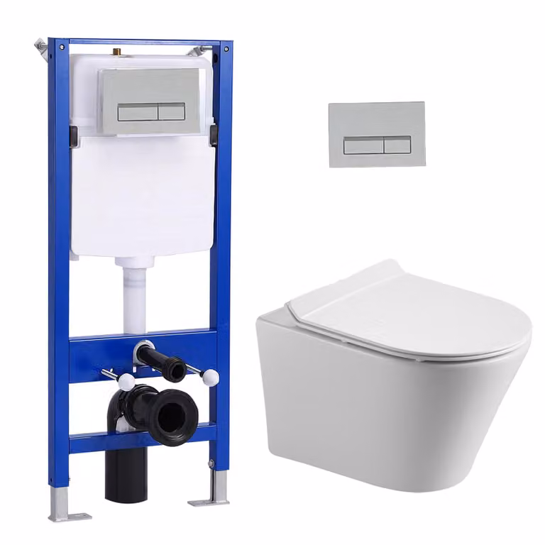 Set di elementi da incasso per WC + WC sospeso senza bordo + cassetta da incasso da 114 cm con piastra di spinta rettangolare cromata HOROW