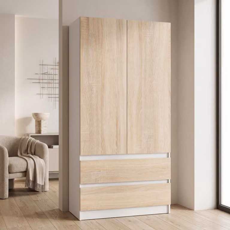 Armadio Novela, Sonoma / Bianco a 2 ante | Armadio moderno per camera da letto 90 x 180 x 50 cm | Armadio guardaroba per ingresso e camera dei bambini, capiente