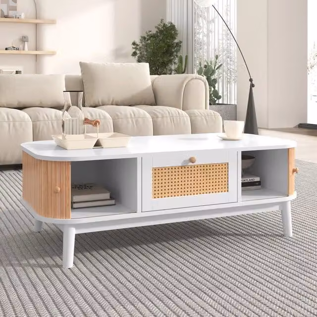 Tavolino da caffè MINIMAL in legno e rattan bianco con design rustico e forma rettangolare L: 110 cm, P: 55 cm, H: 38,5 cm