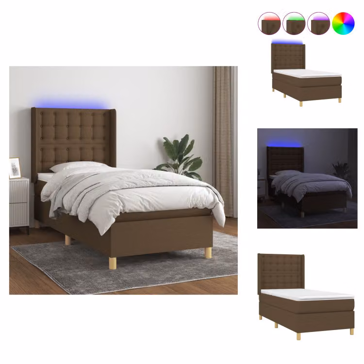 vidaXL Letto a molle con materasso e LED in tessuto marrone scuro 90x190 cm - Letti & strutture letto
