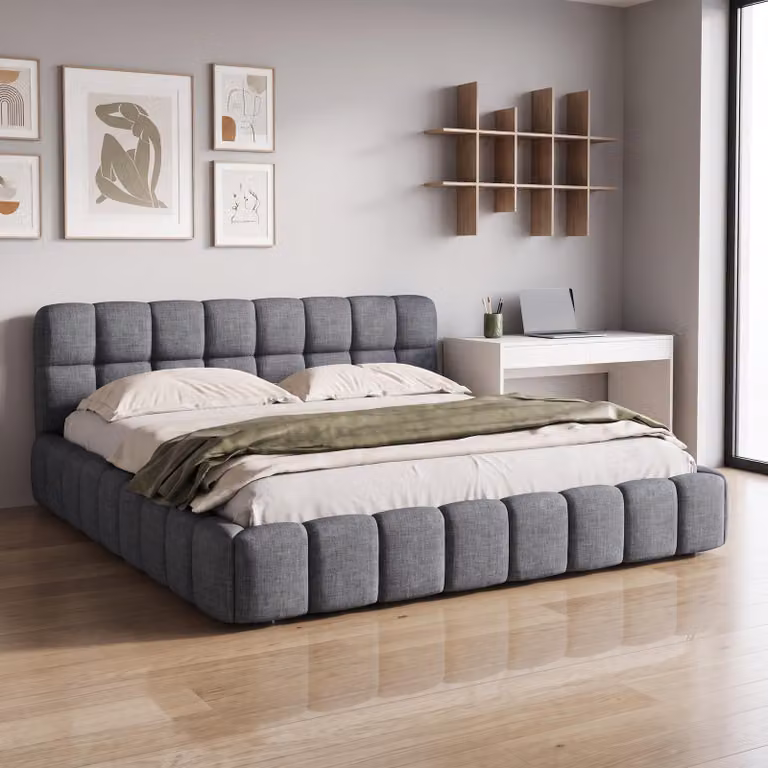 Letto imbottito INONEFT, 140 x 200 cm, letto matrimoniale con schienale e bordi imbottiti, letto "Bubble" per ragazzi con rete a doghe, tessuto di lino, colore grigio