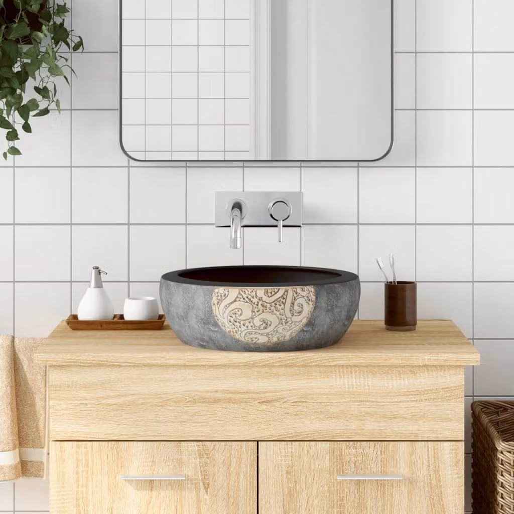 Lavabo da appoggio rotondo vidaXL in ceramica nero e marrone, Diametro: 41 cm, Altezza: 14 cm