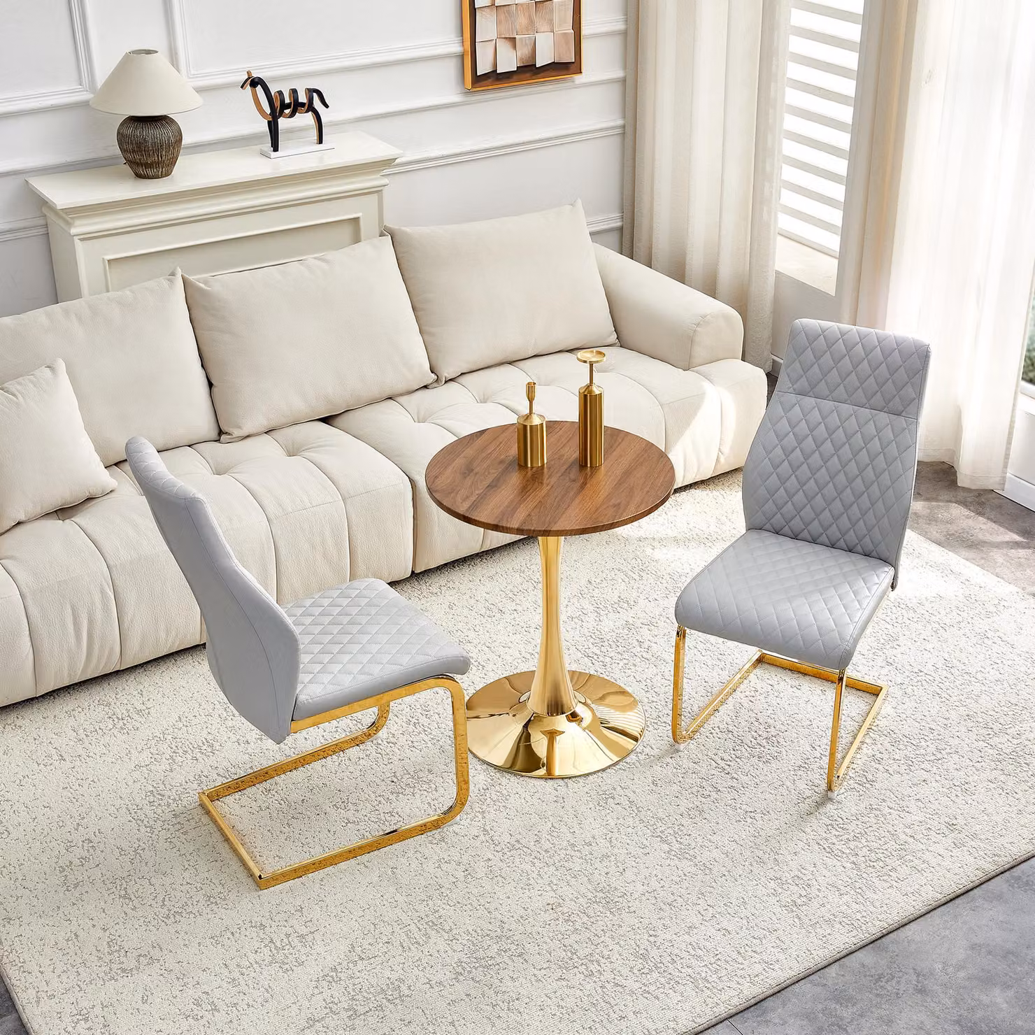 Set tavolo e sedie, tavolo rotondo da 60 cm, MDF, aspetto legno, 2 sedie con motivo a rombo (oro, grigio chiaro, noce)