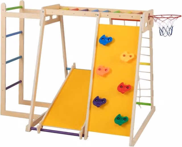 Parco giochi bambini 6 in 1 legno set arrampicata con scivolo, Parco giochi bambini arrampicata e canestro basket Colorato-Arrampicate e scivoli