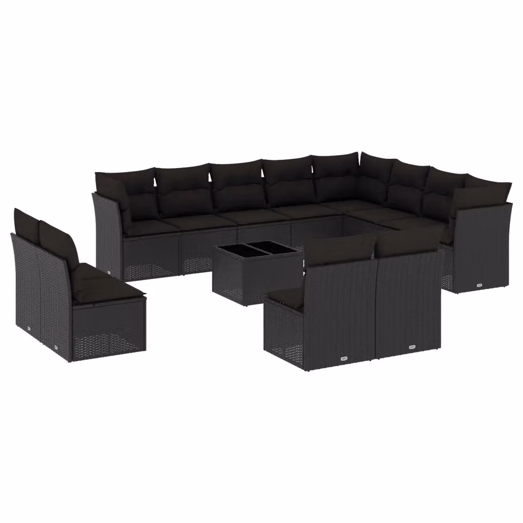 Set di divani da giardino vidaXL a forma di U composto da 13 pezzi con cuscini e tavolino da caffè nero in polyrattan e acciaio verniciato a polvere – 2